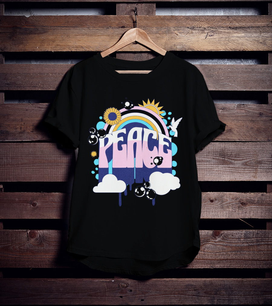 Peace Colorful Rainbow Sunflower Clouds Dove And Good Vibes T-Shirt