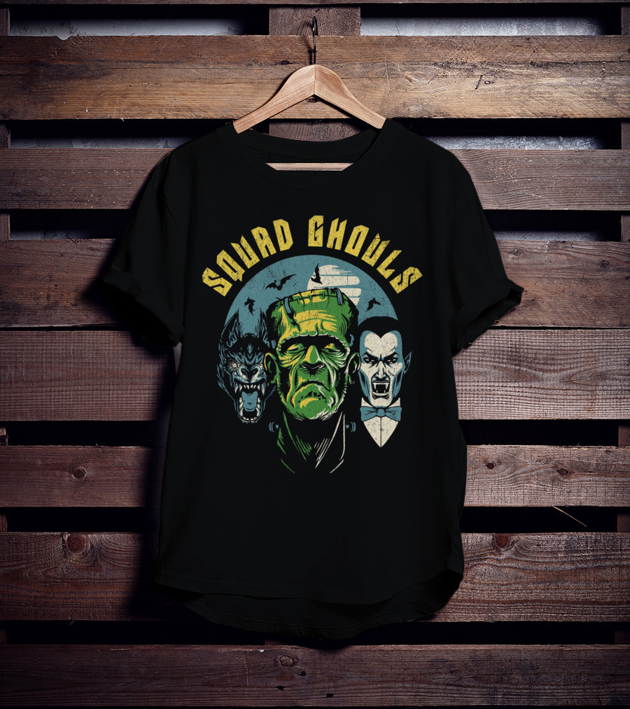 Squad Ghouls Frankenstein Dracula Werewolf Halloween Characters T-Shirt