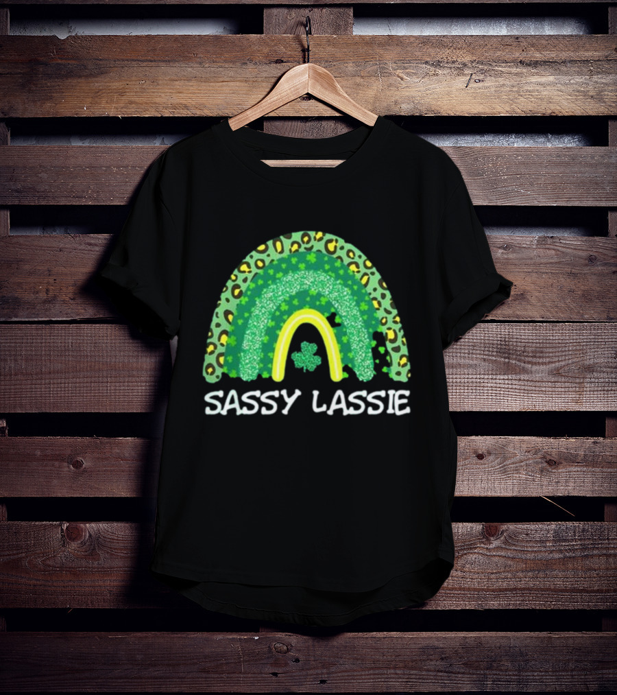 St Patricks Day Women Funny Sassy Lassie Leopard Rainbow Shamrock T-Shirt