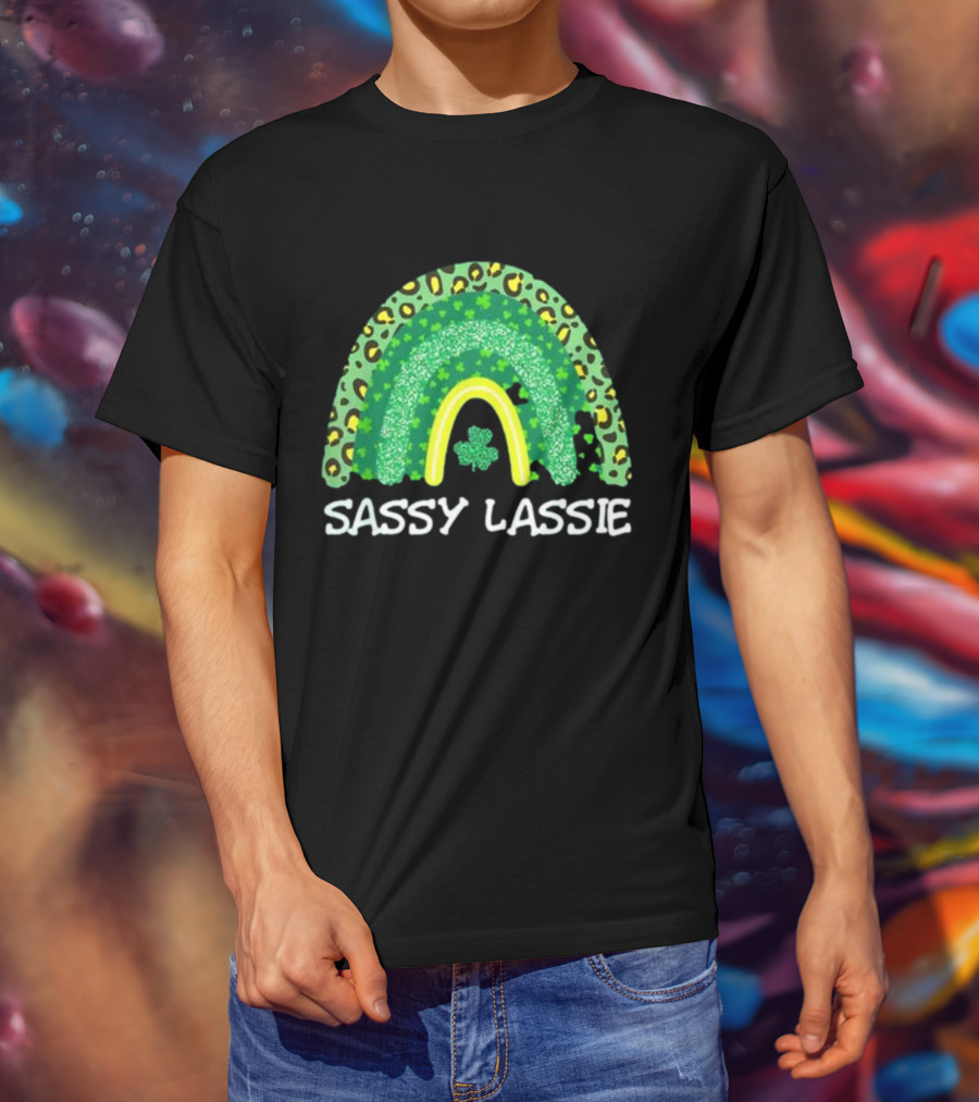 St Patricks Day Women Funny Sassy Lassie Leopard Rainbow Shamrock T-Shirt