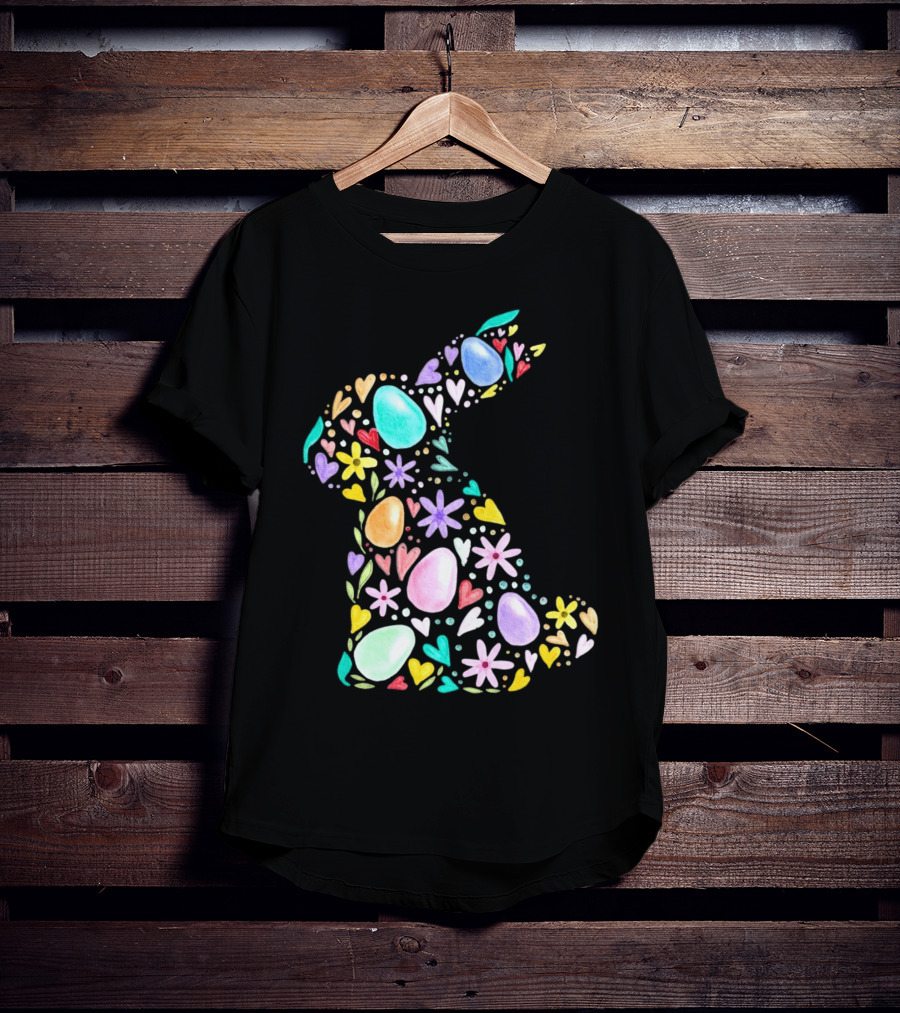Rabbit Easter Day Colorful Eggs Hearts Flowers T-Shirt