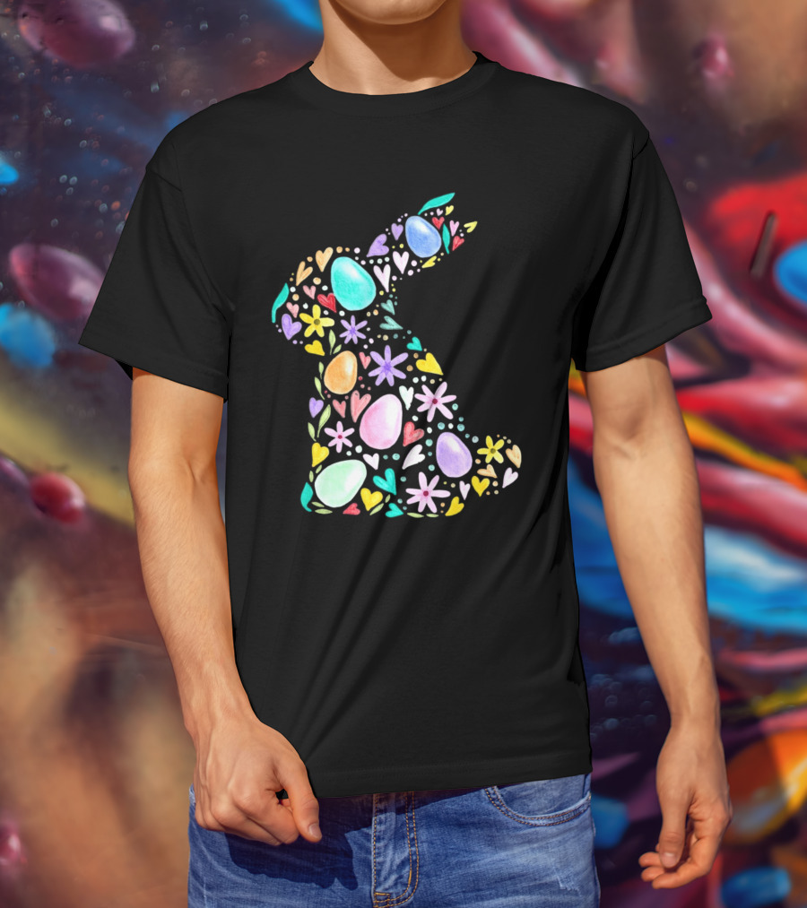 Rabbit Easter Day Colorful Eggs Hearts Flowers T-Shirt