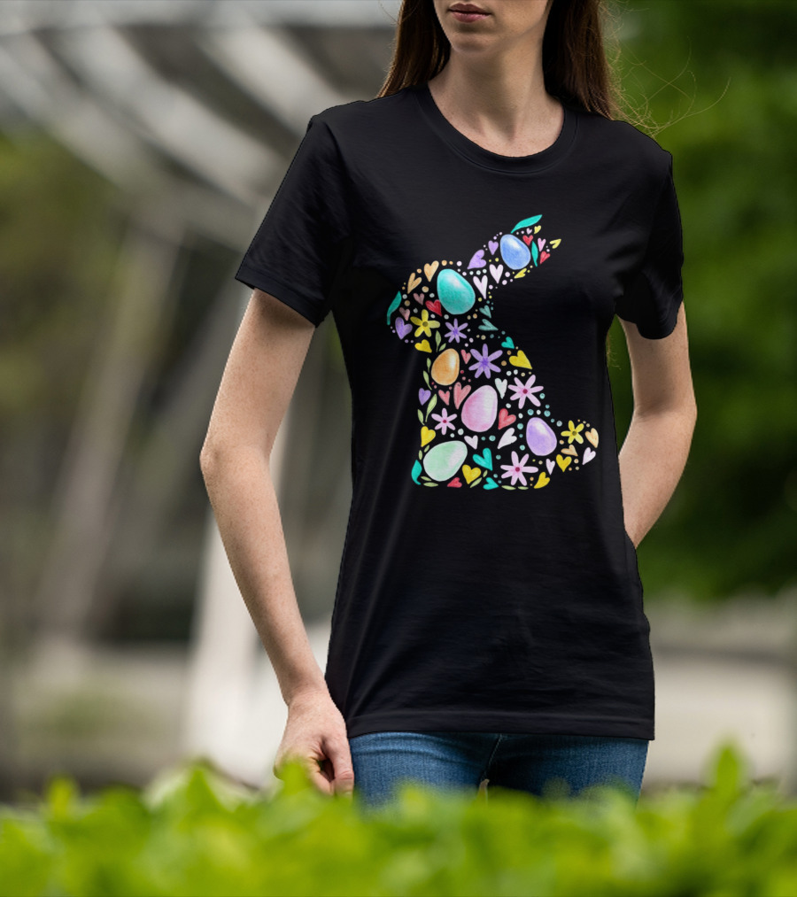 Rabbit Easter Day Colorful Eggs Hearts Flowers T-Shirt