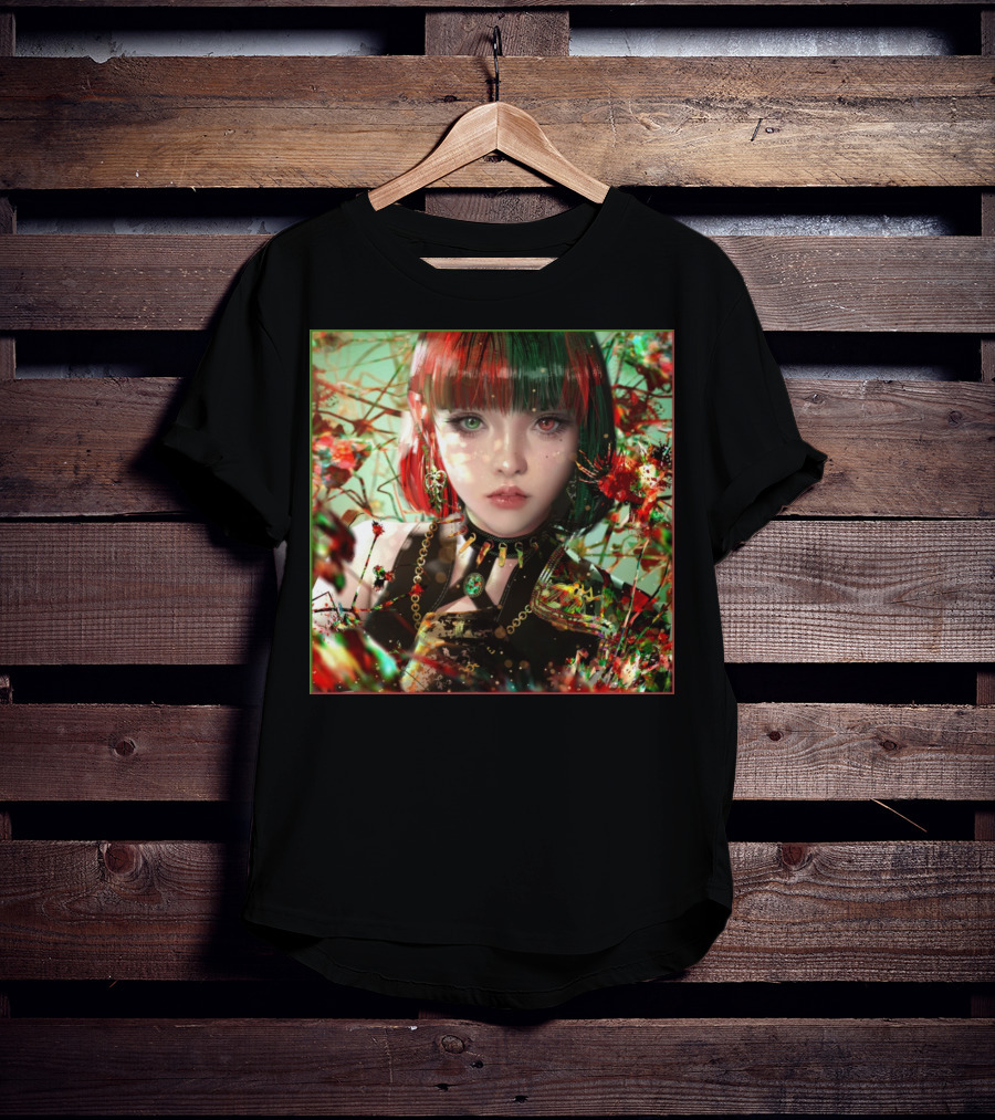 Green Red Sticker Fantasy Portrait Vibrant Blossoms Dual-Tone Hair T-Shirt