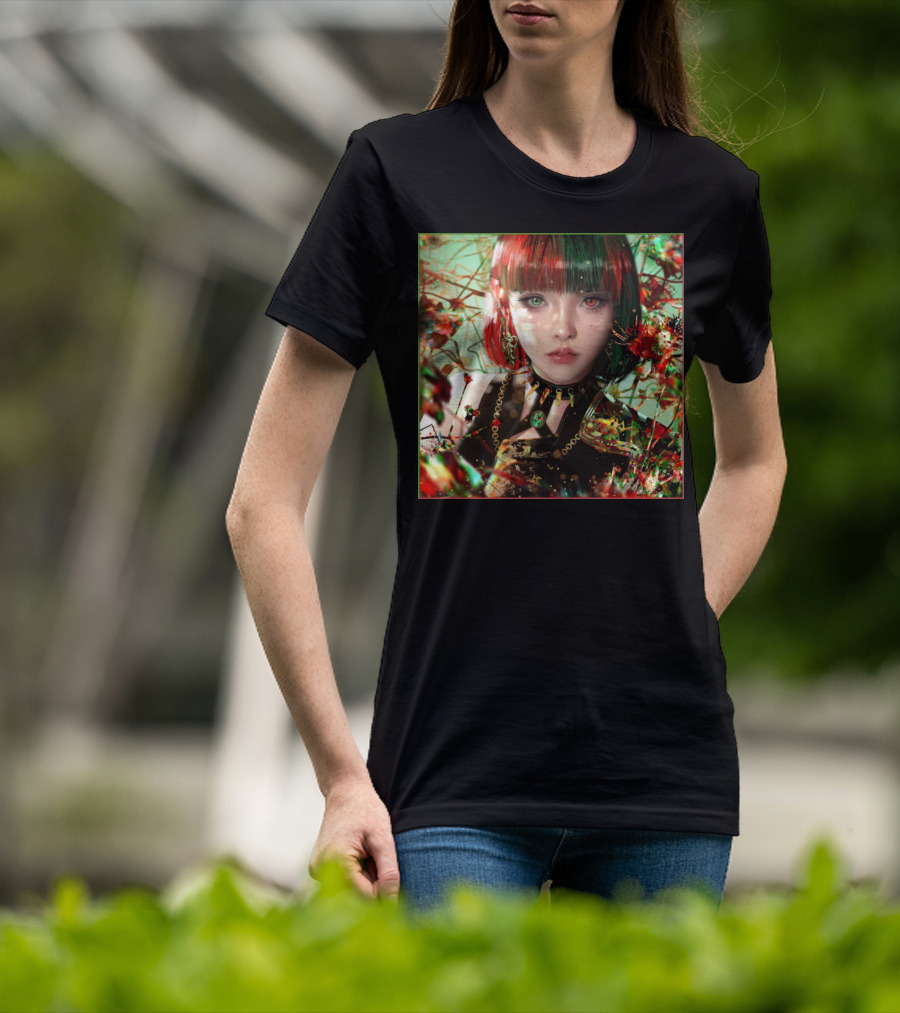 Green Red Sticker Fantasy Portrait Vibrant Blossoms Dual-Tone Hair T-Shirt