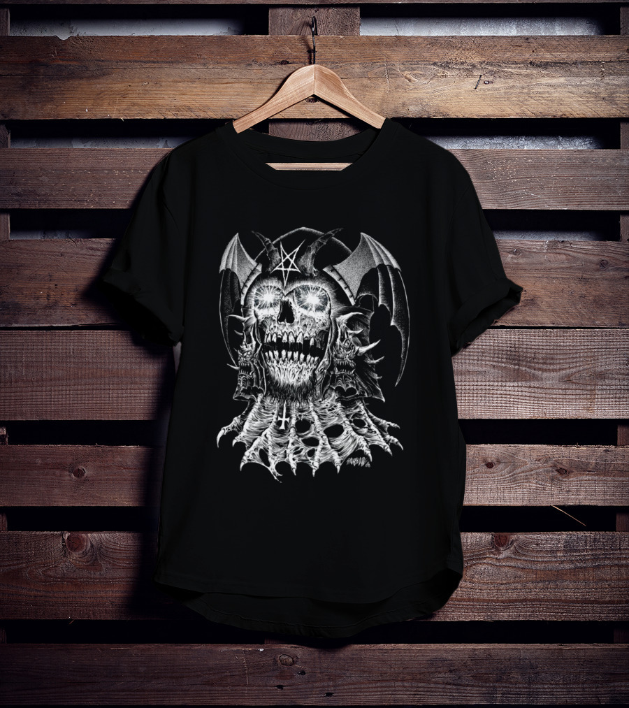 Lucifer's Helm Infernal Skull With Pentagram And Bat Wings T-Shirt