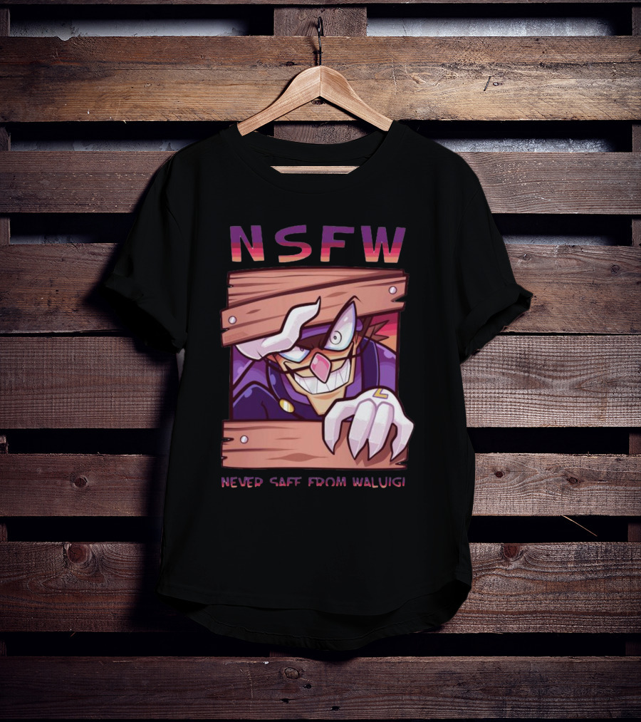 NSFW Never Safe From Waluigi Spaicy Waluigi Peeking Through Wooden Planks T-Shirt