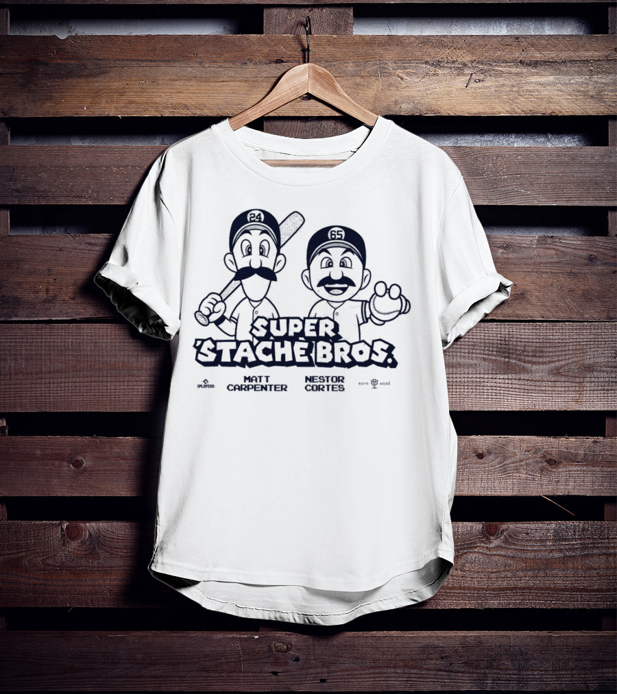 Super Stache Bros Matt Carpenter Nestor Cortes Baseball Parody Characters 24 65 Stache Bros MLB Players Team Names Caricatures T-Shirt