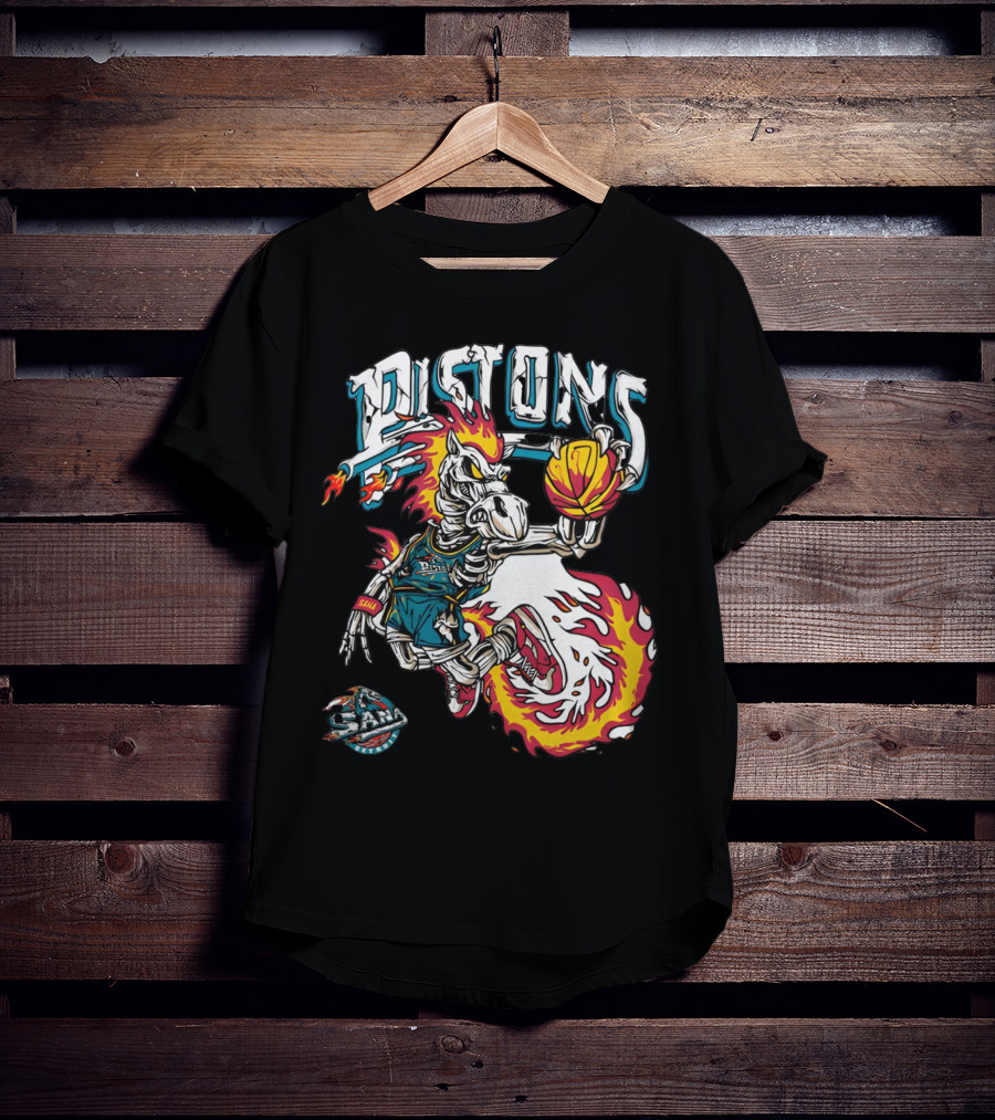 Sana Detroit Pistons Fiery Skeleton Basketball Dunk Pop-Up T-Shirt