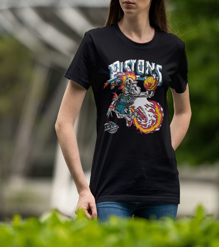 Sana Detroit Pistons Fiery Skeleton Basketball Dunk Pop-Up T-Shirt