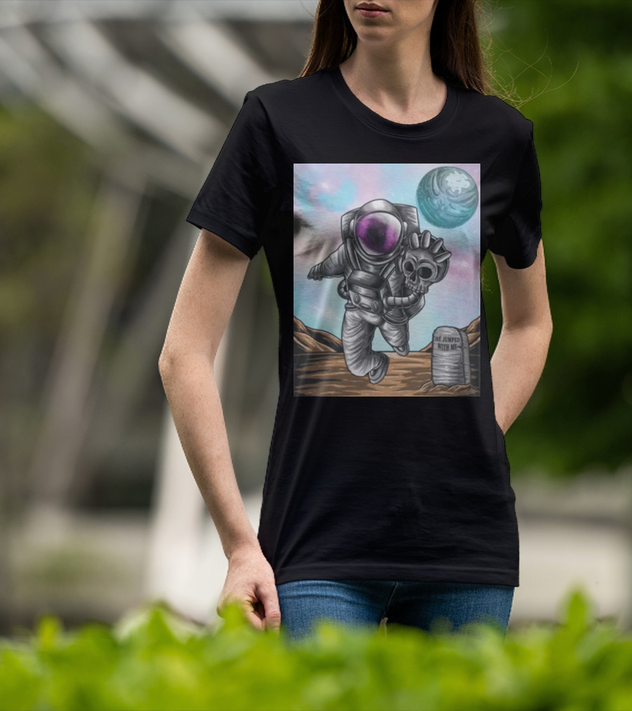 Slim Reaper Essential Youth Astronaut Skull Moon Tombstone He Jumped With Me T-Shirt