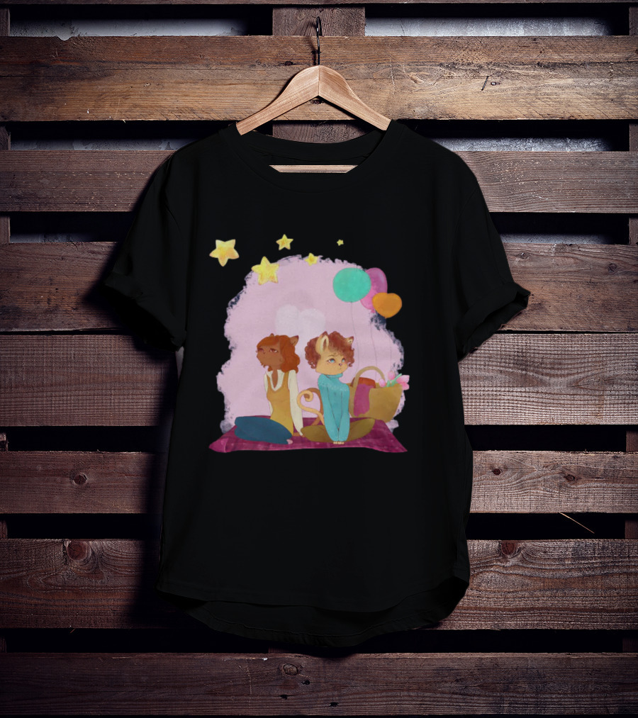 Cute Lesbian Fashion Relationship Cat Couple With Stars And Balloons T-Shirt