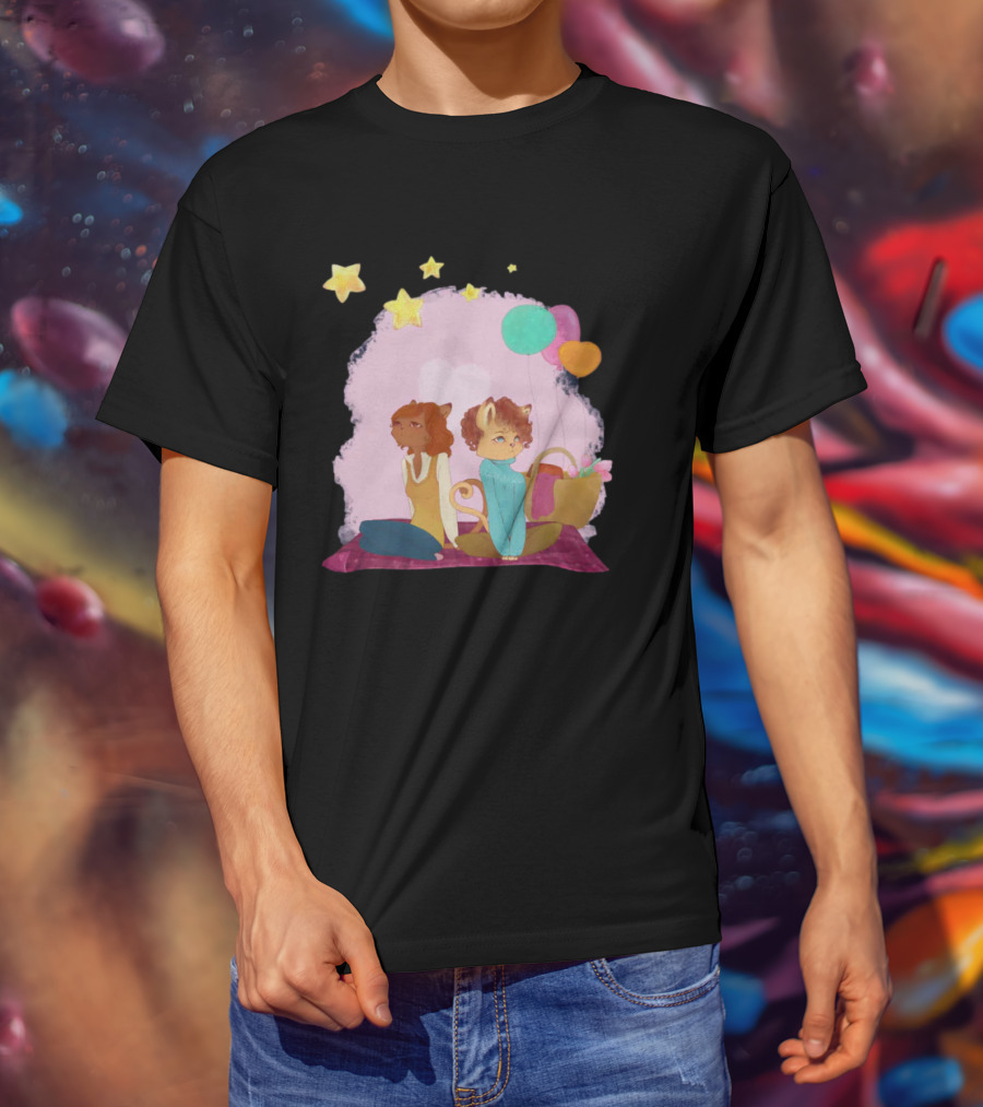 Cute Lesbian Fashion Relationship Cat Couple With Stars And Balloons T-Shirt