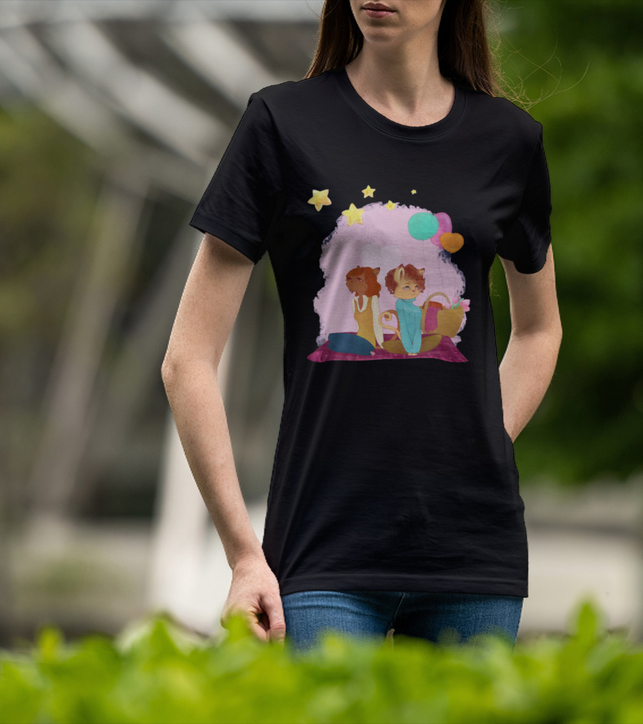 Cute Lesbian Fashion Relationship Cat Couple With Stars And Balloons T-Shirt
