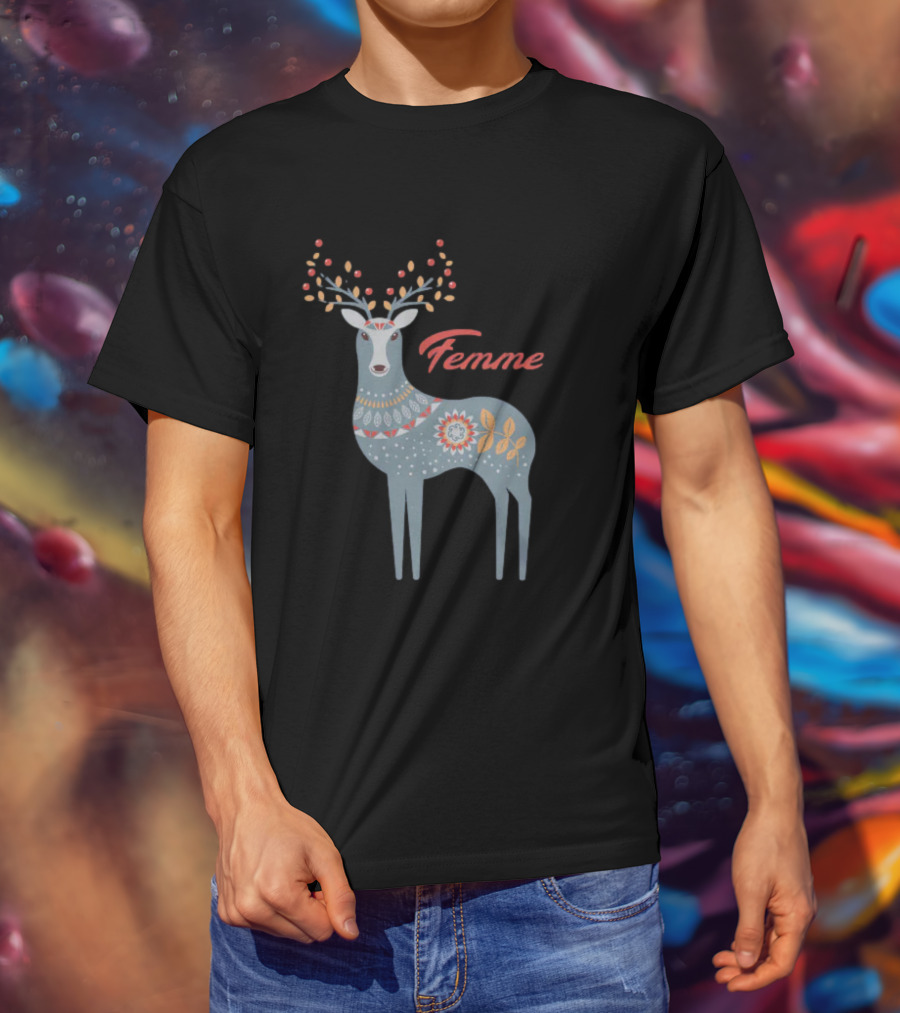 Femme Nordic Deer With Patterned Antlers T-Shirt