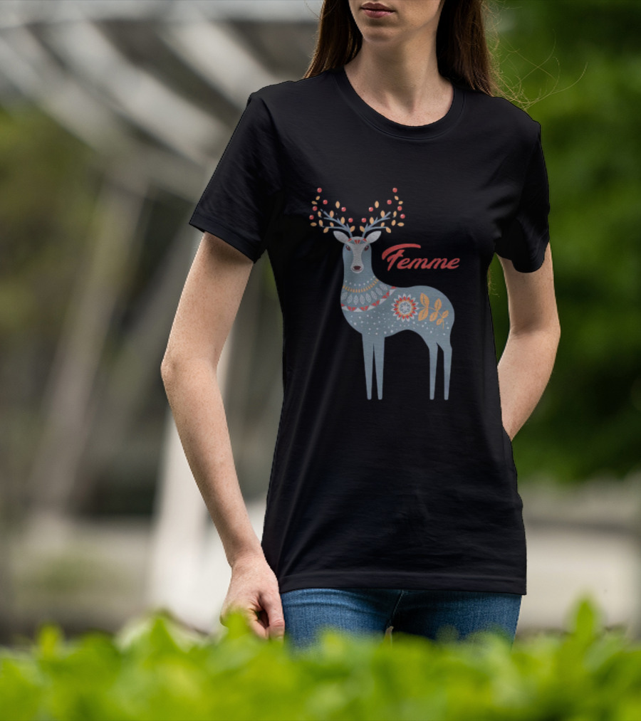Femme Nordic Deer With Patterned Antlers T-Shirt