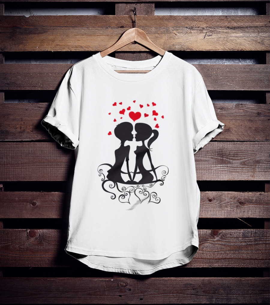 Lesbian Couple Kissing Romantic Silhouettes With Heart And Hearts T-Shirt