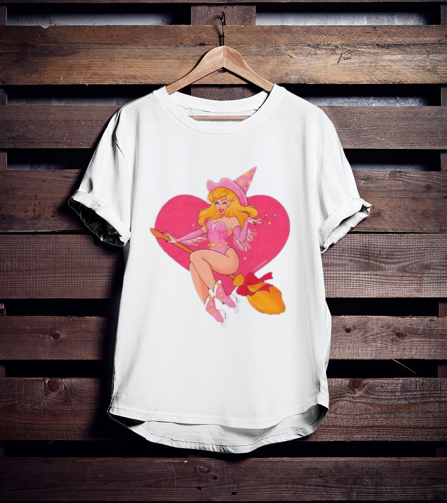 This Barbie Is A Witch Riding A Broomstick With Pink Heart Background T-Shirt