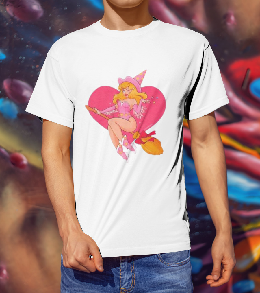This Barbie Is A Witch Riding A Broomstick With Pink Heart Background T-Shirt