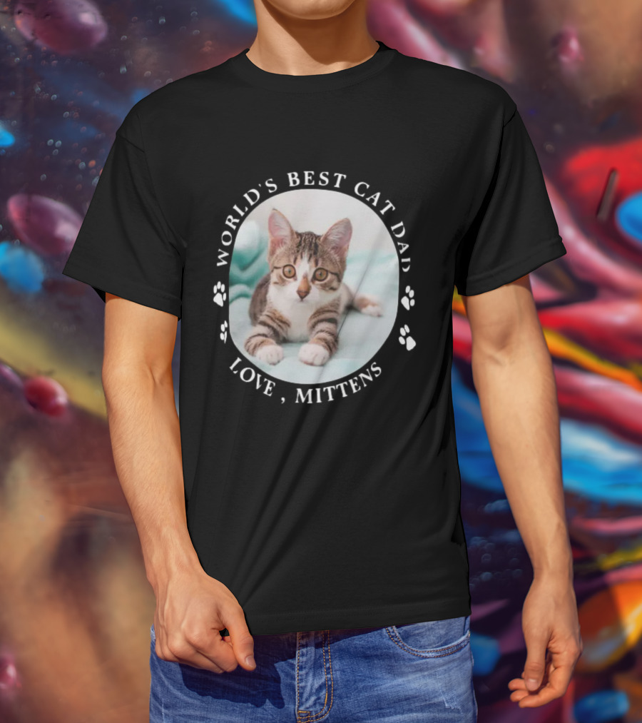 World's Best Cat Dad Love Mittens Paw Prints Personalized Cute Pet Photo T-Shirt