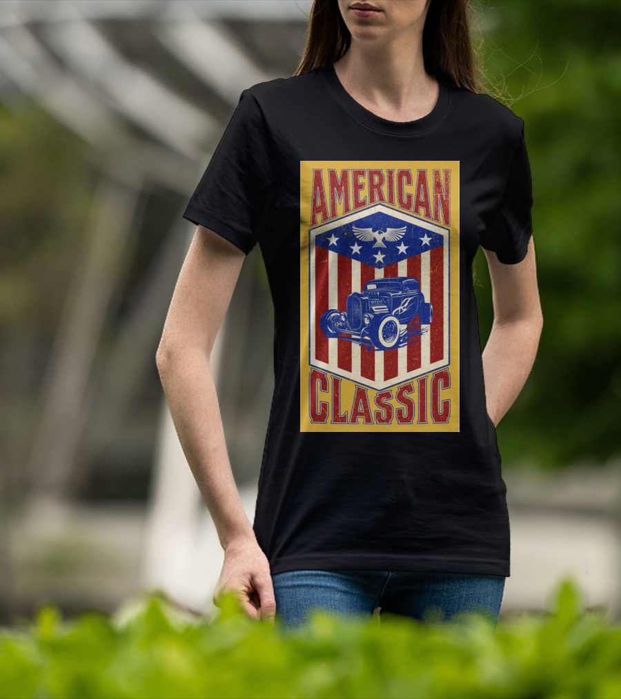AMERICAN CLASSIC Hot Rod Eagle Stripes Stars Vintage Retro T-Shirt