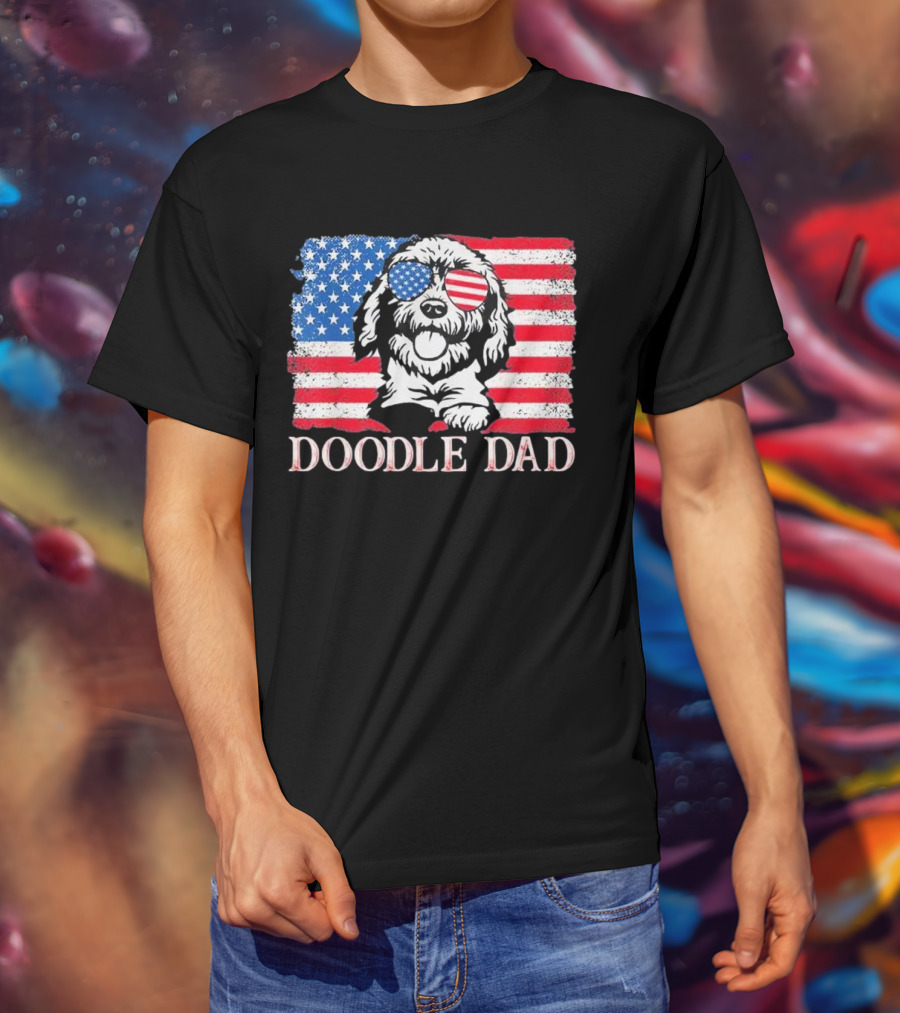 Goldendoodle Doodle Dad American Flag Sunglasses T-Shirt