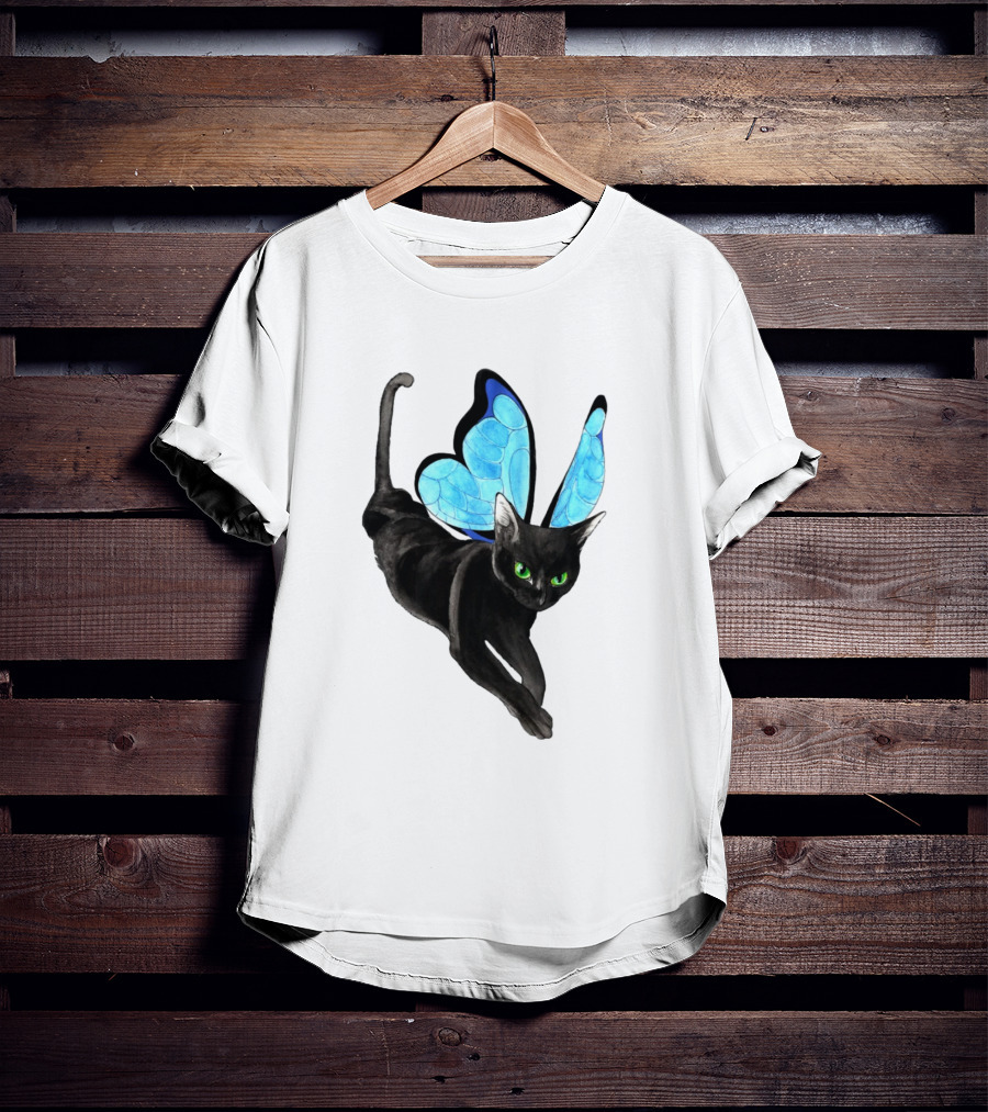 Black Cat With Blue Butterfly Wings T-Shirt