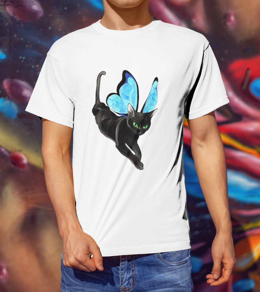 Black Cat With Blue Butterfly Wings T-Shirt