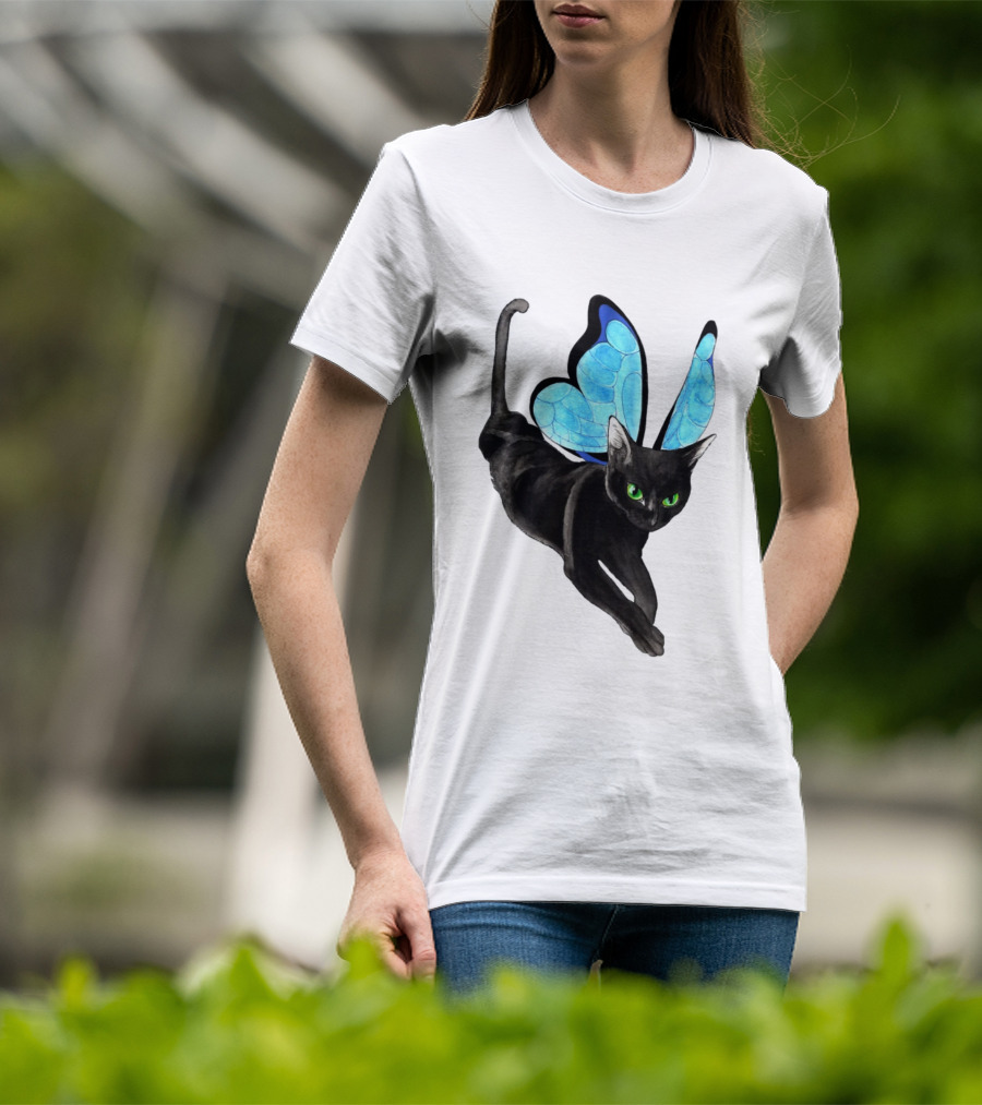 Black Cat With Blue Butterfly Wings T-Shirt