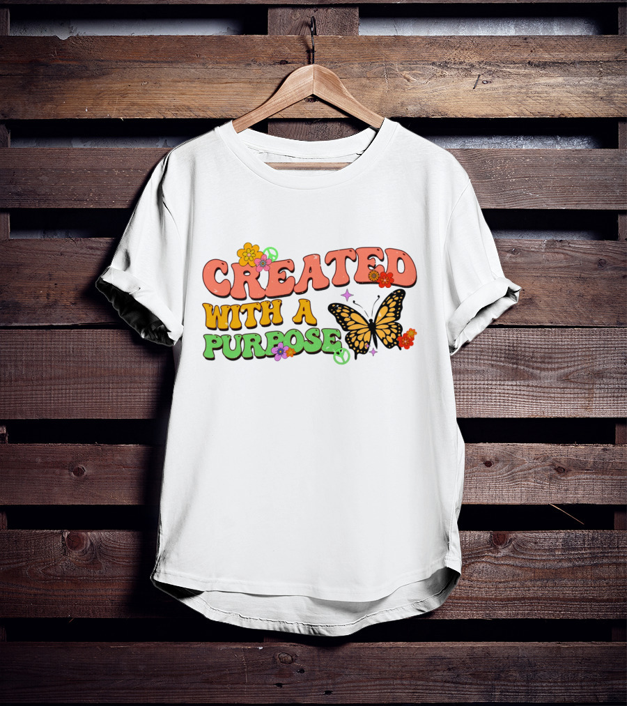 Created With A Purpose Butterfly Flowers Peace Sign T-Shirt