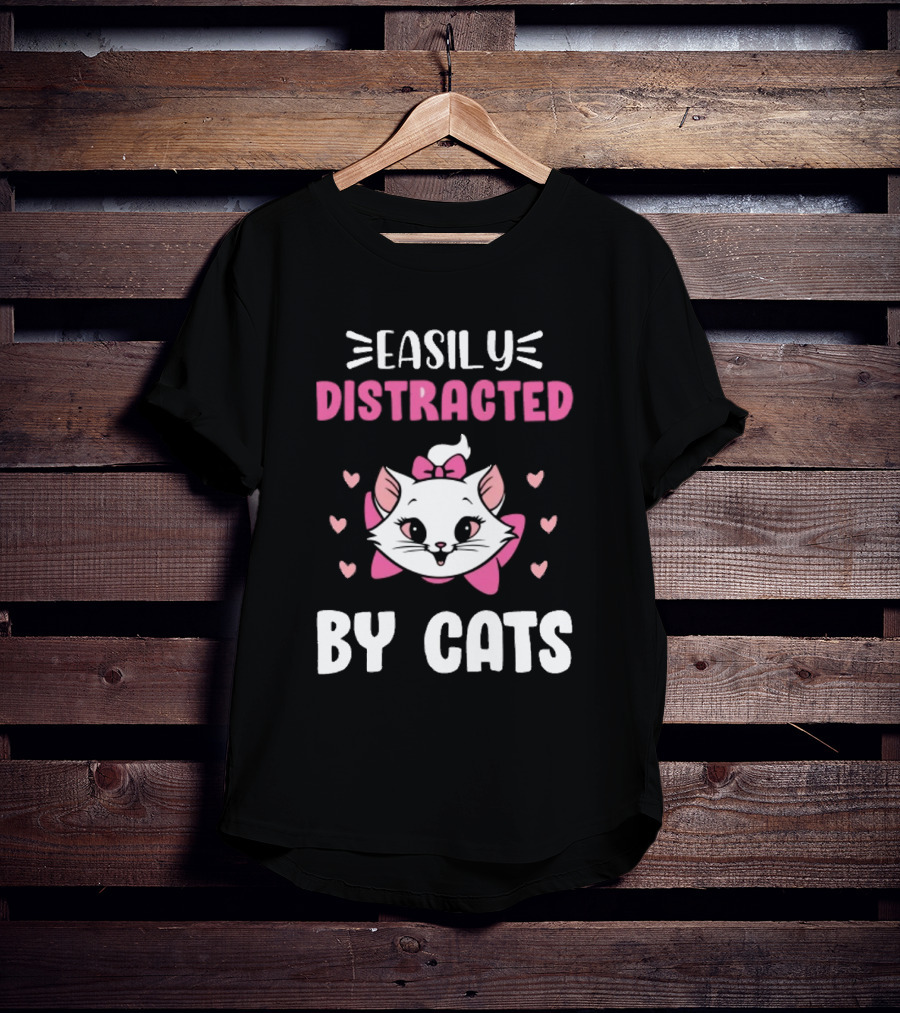 Easily Distracted By Cats Cute Kitten With Pink Bow And Hearts T-Shirt