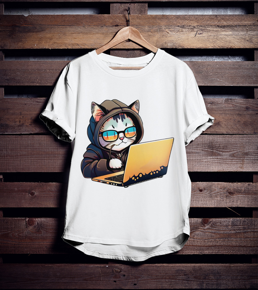Hacker Cat In Hoodie With Laptop And Glasses T-Shirt