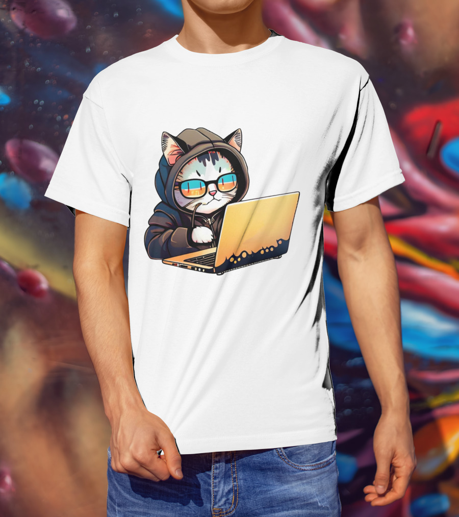 Hacker Cat In Hoodie With Laptop And Glasses T-Shirt