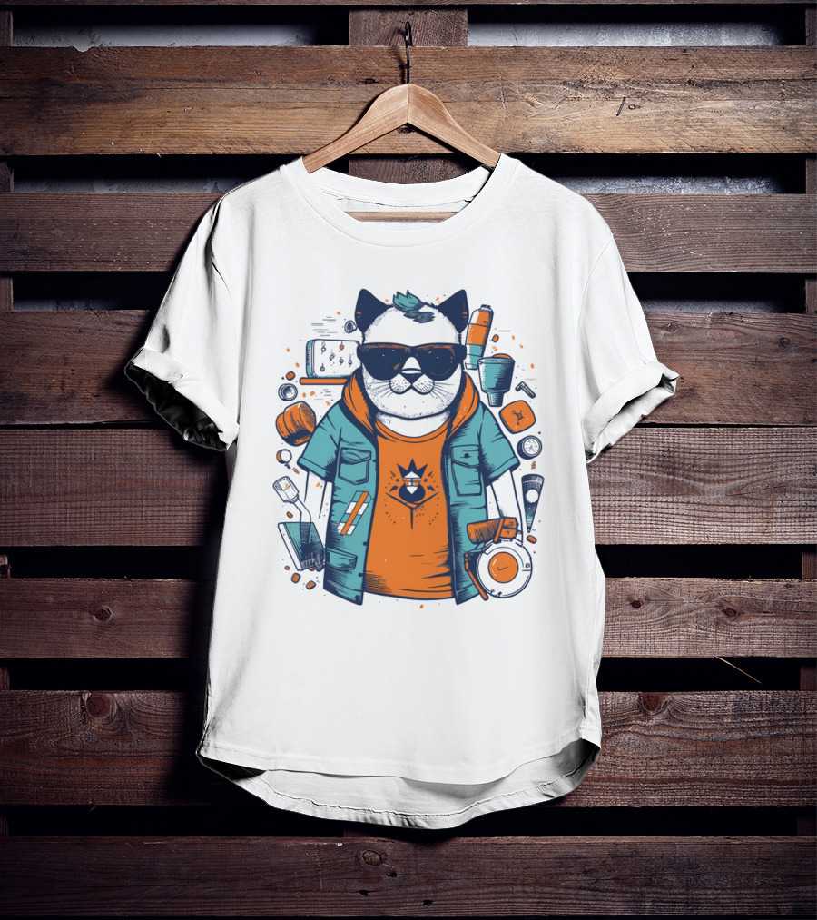 Hipster Cat In Sunglasses With Headphones And Jacket T-Shirt