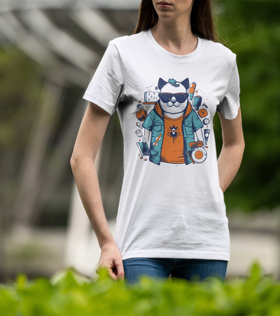 Hipster Cat In Sunglasses With Headphones And Jacket T-Shirt