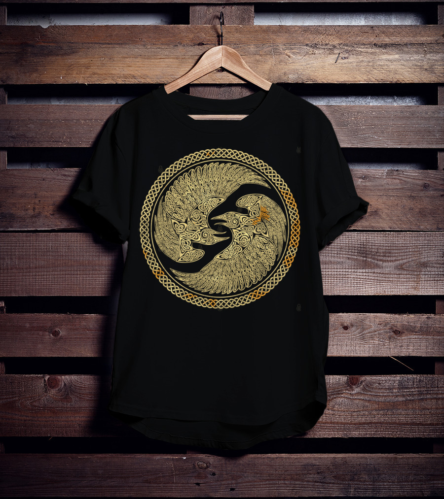 Hugin And Munin Celtic Knotwork Ravens In Intricate Circular T-Shirt