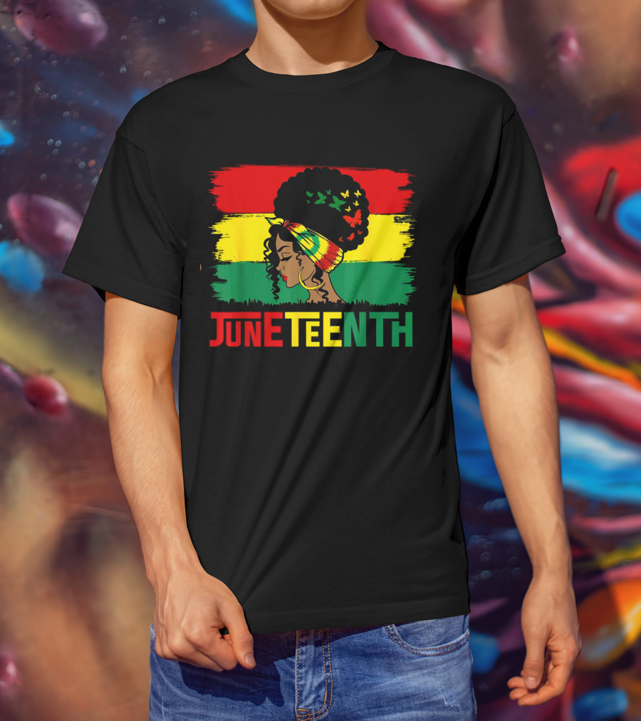Juneteenth Remembering My Ancestors Celebrate Black Freedom Afro Woman Rasta Colors Flags T-Shirt