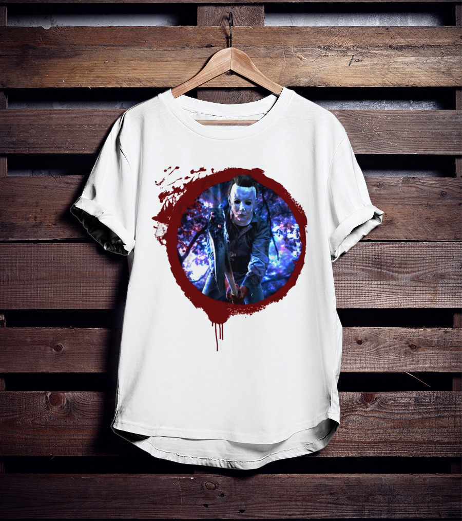 Myers Attack Blood Splatter Horror Mask Iconic Blue Woods Scene T-Shirt