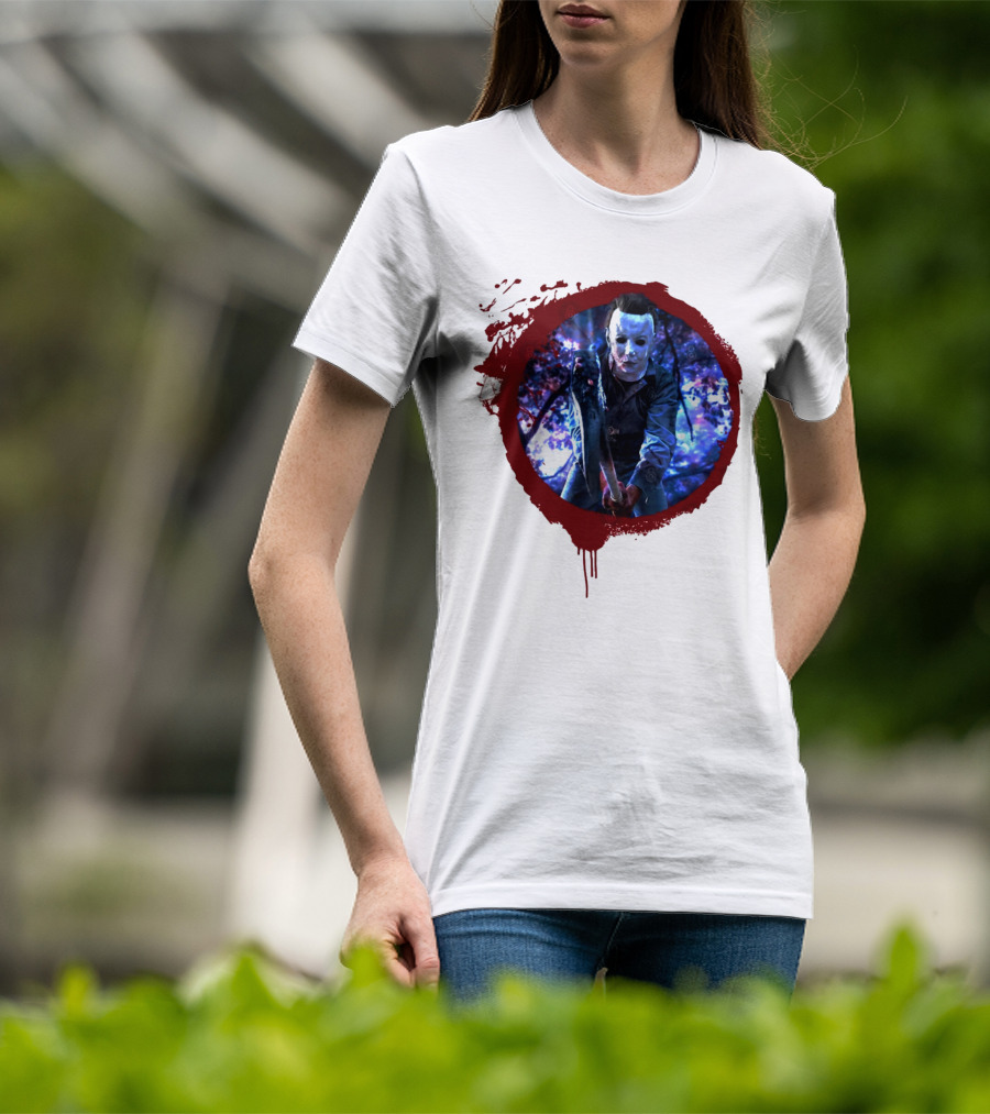 Myers Attack Blood Splatter Horror Mask Iconic Blue Woods Scene T-Shirt