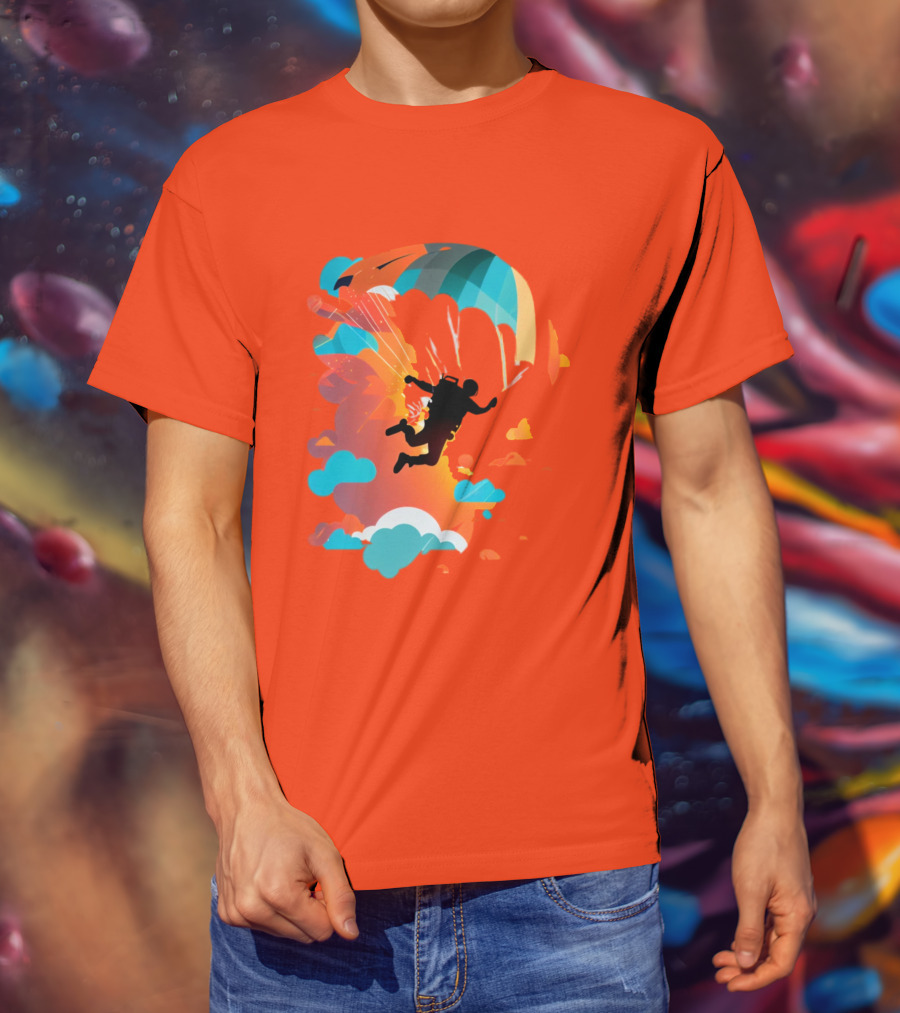Skydiver Silhouette With Colorful Parachute And Clouds T-Shirt