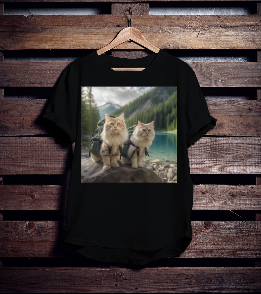 Two American Longhair Cats Are Mountaineering With Backpacks In Scenic Mountain Forest Near Lake T-Shirt