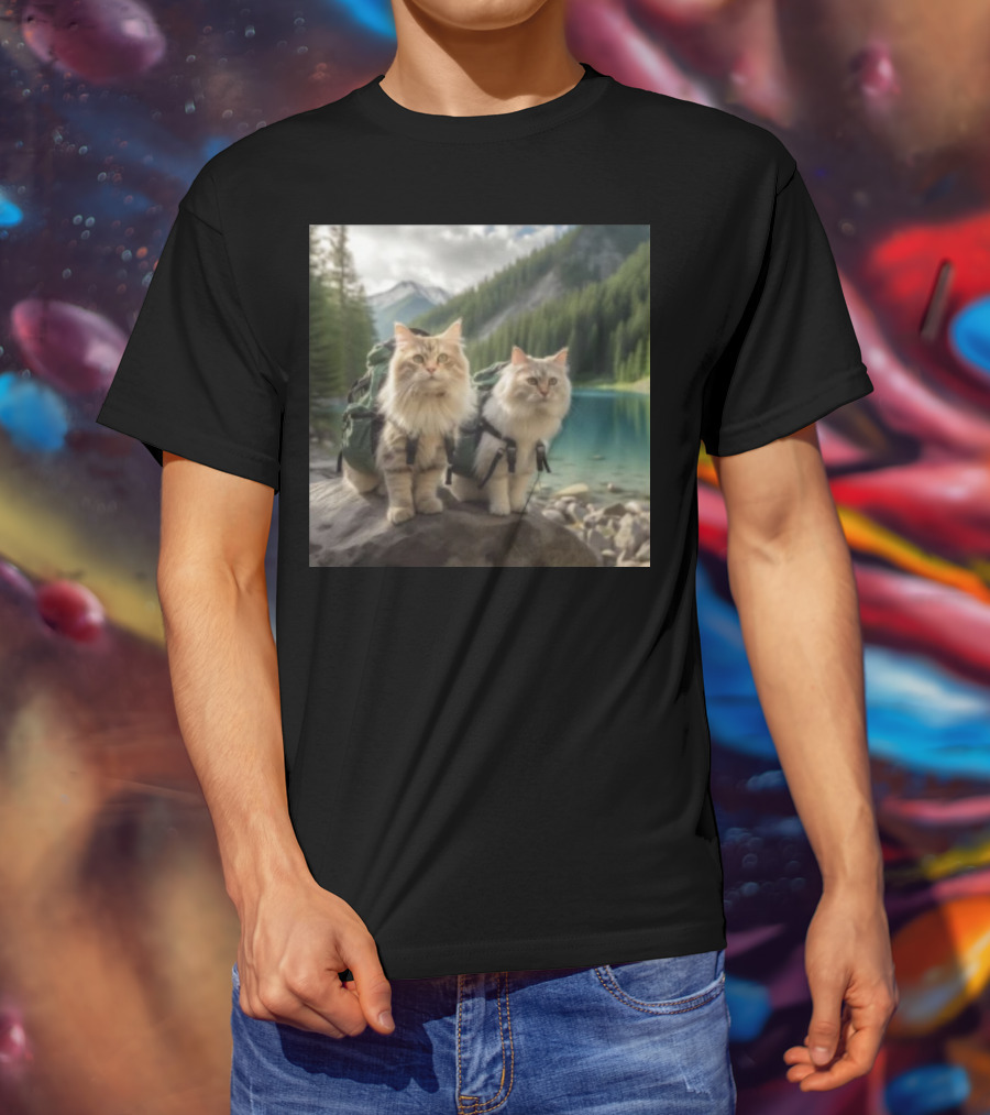 Two American Longhair Cats Are Mountaineering With Backpacks In Scenic Mountain Forest Near Lake T-Shirt