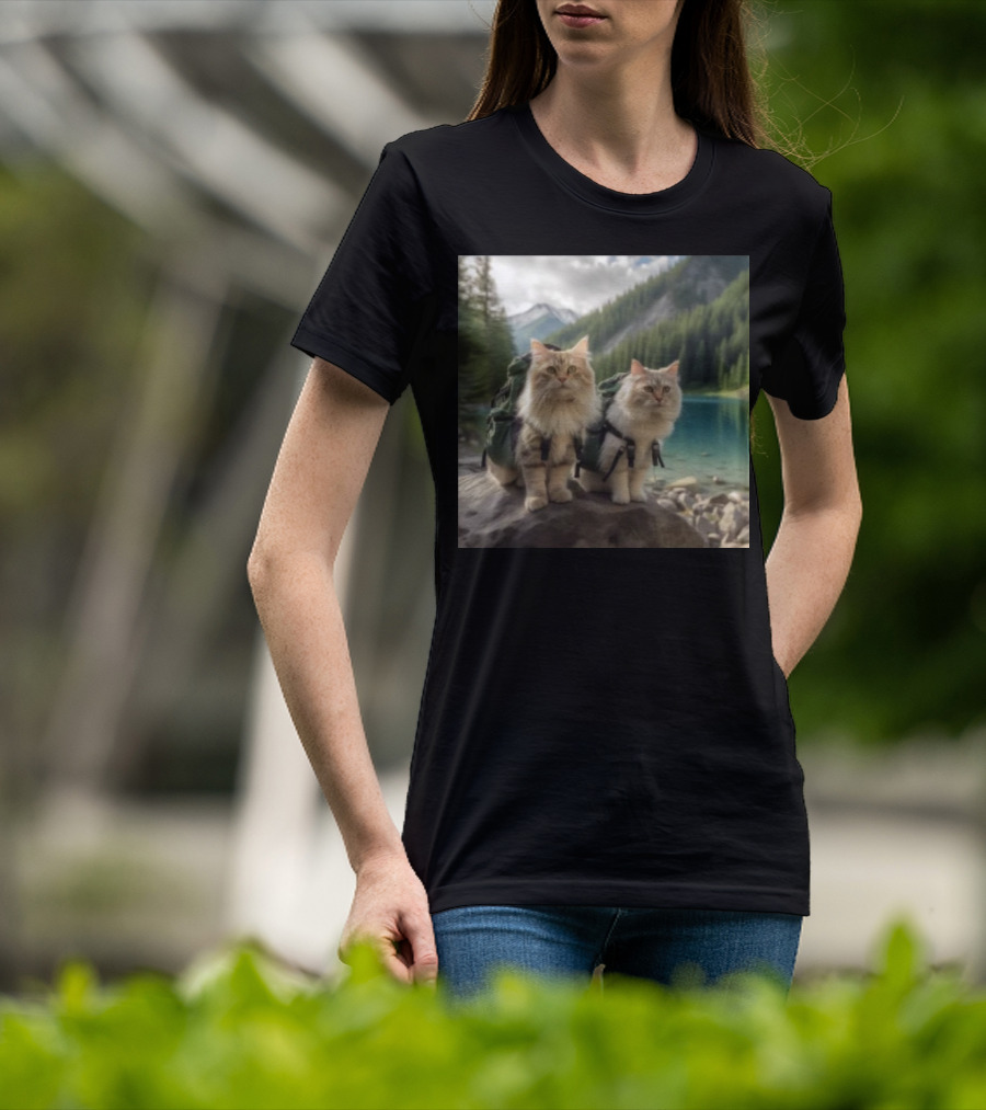 Two American Longhair Cats Are Mountaineering With Backpacks In Scenic Mountain Forest Near Lake T-Shirt