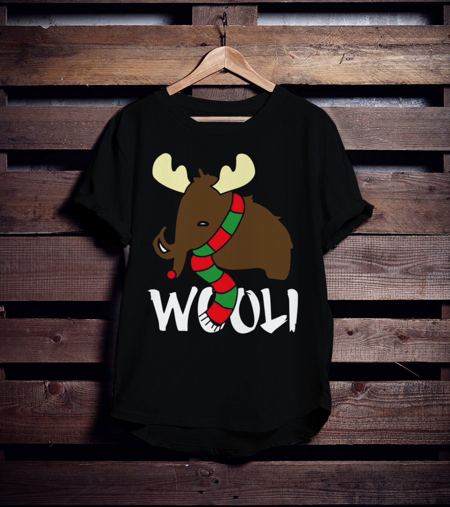 Wooli Mammoth Wearing Red And Green Scarf With Antlers T-Shirt