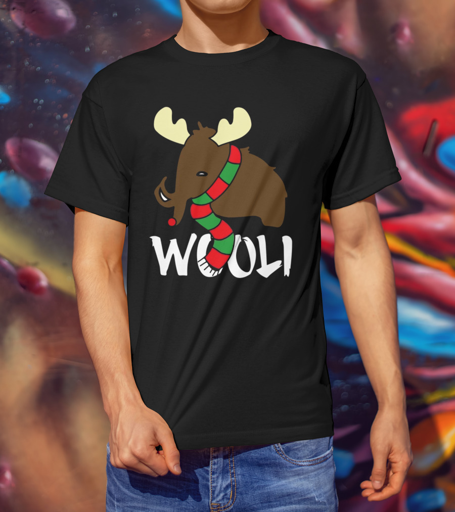 Wooli Mammoth Wearing Red And Green Scarf With Antlers T-Shirt