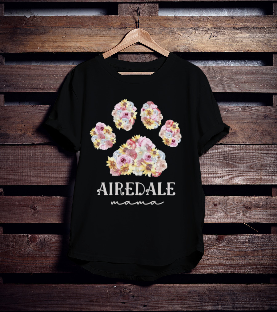 Airedale Mama Floral Paw Dog Mom T-Shirt