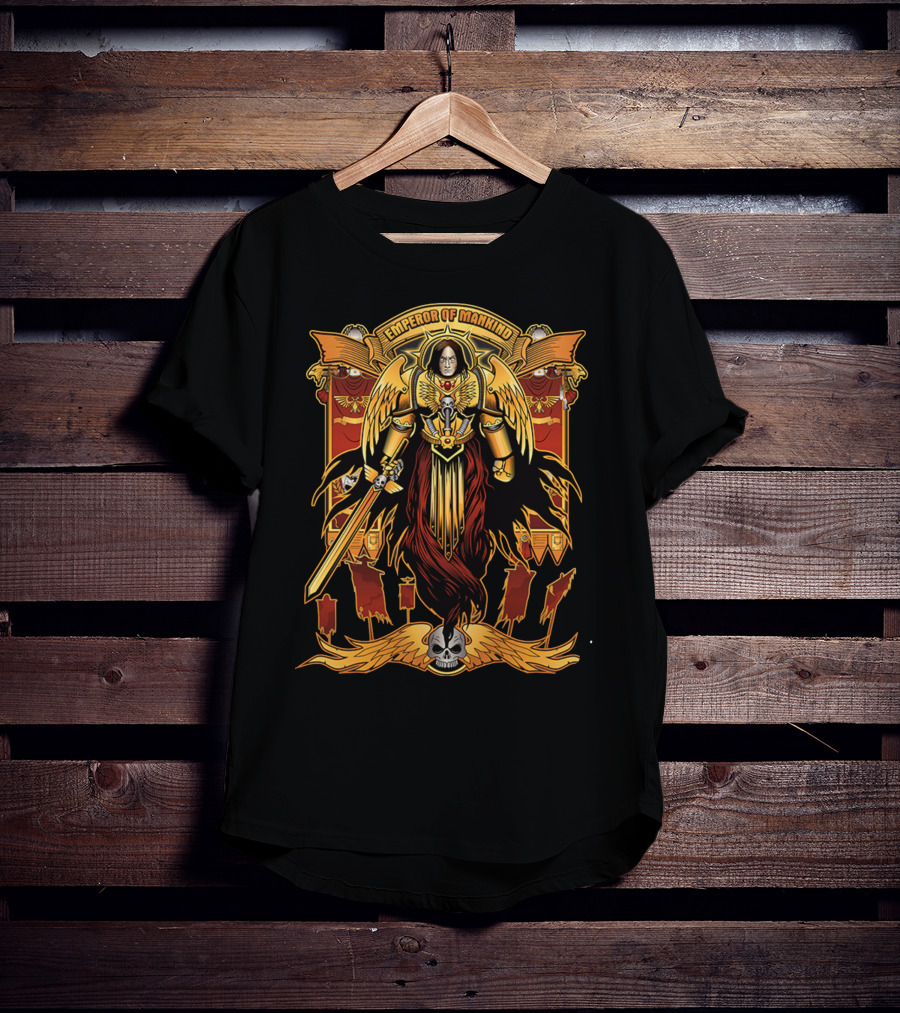 Emperor Of Mankind Golden Armor Angelic Warrior With Sword And Skull T-Shirt