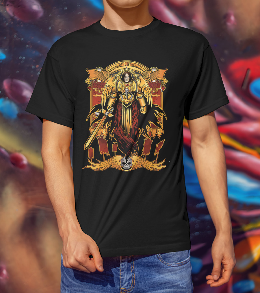 Emperor Of Mankind Golden Armor Angelic Warrior With Sword And Skull T-Shirt