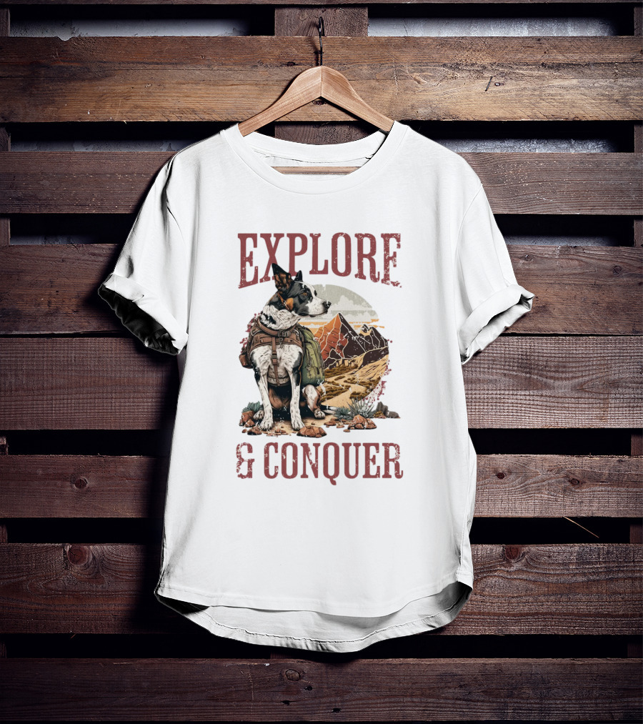 Explore And Conquer Journey With Dog And Mountains T-Shirt