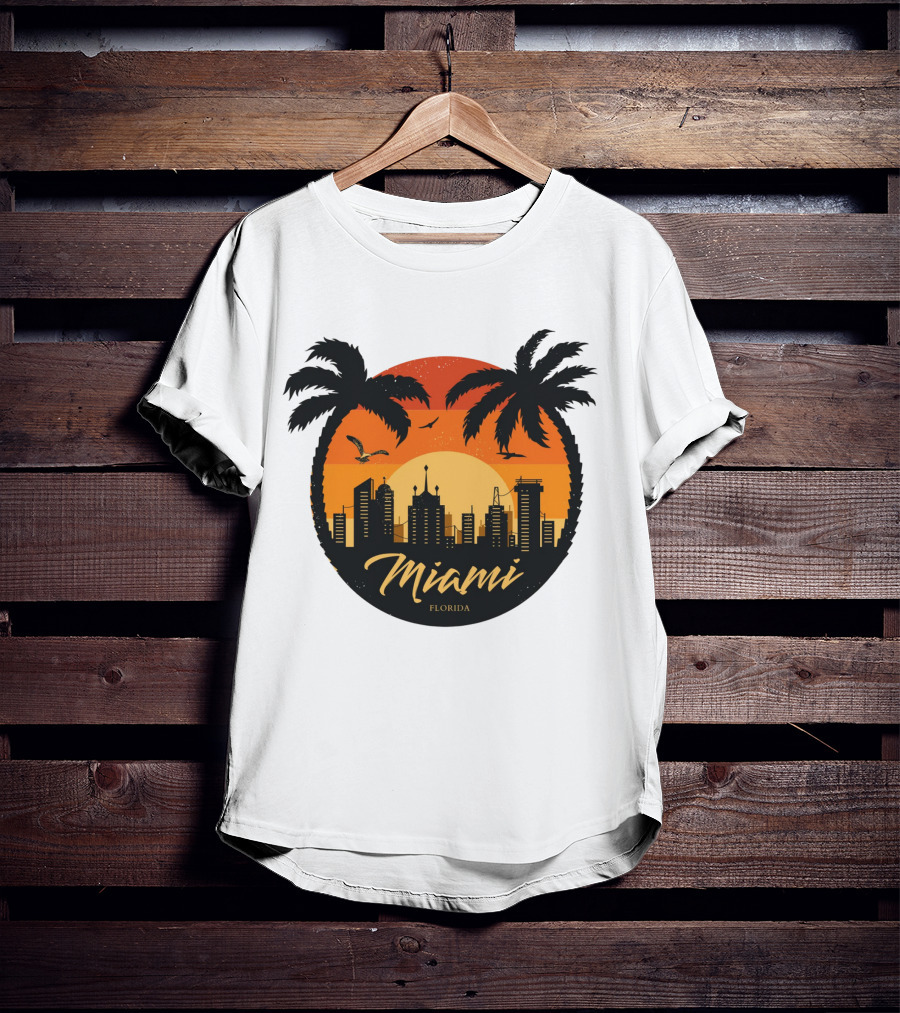 Miami Florida Sunset Skyline Palm Trees T-Shirt